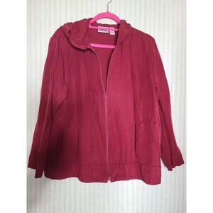 Chicos Design Womens Hooded Zip Up Jacket Linen Silk Blend Burgundy Size 2